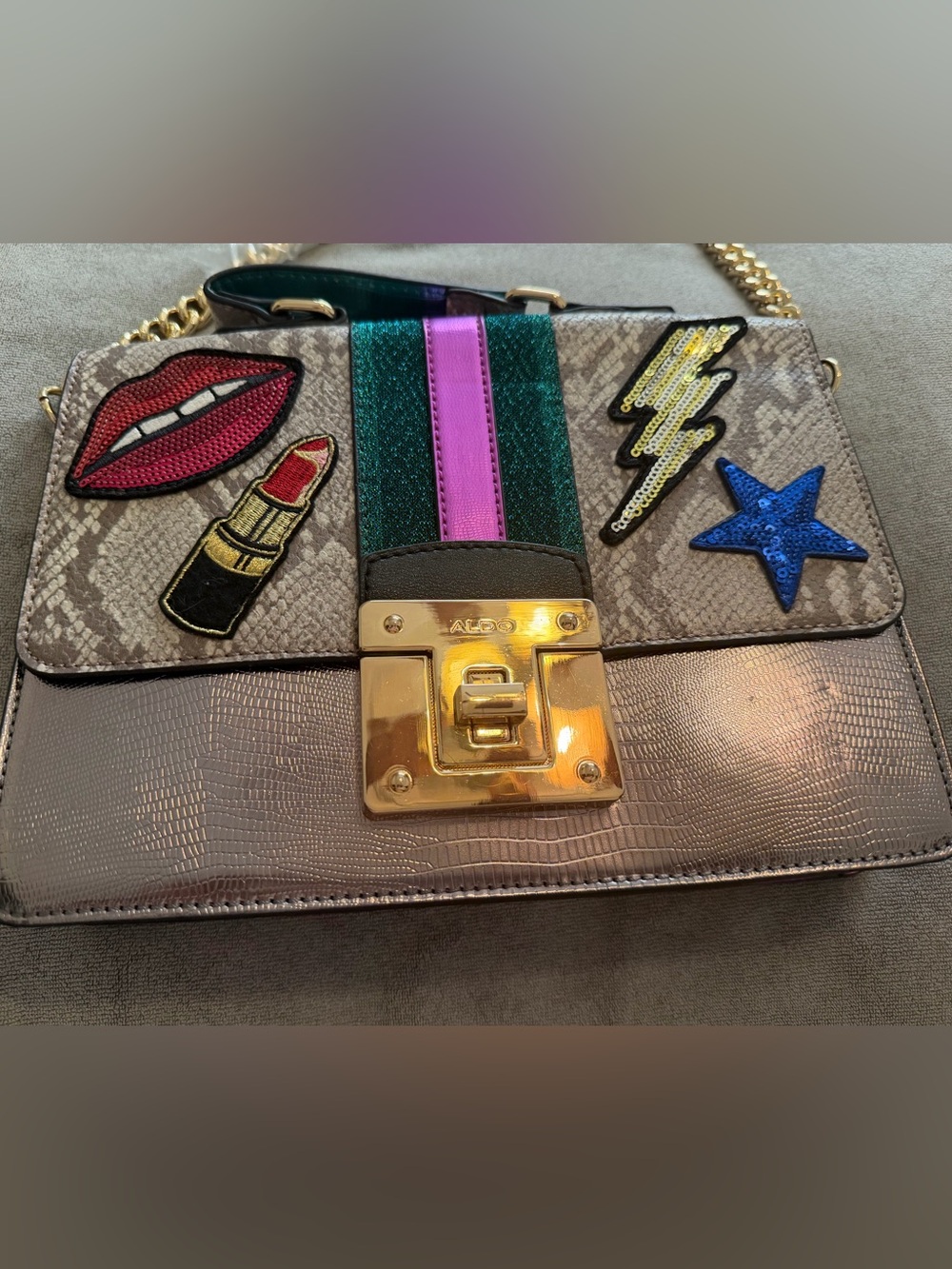 NWT, Trendy ALDO Metallic Silver Shoulder Bag with Multicolor sequin Accents